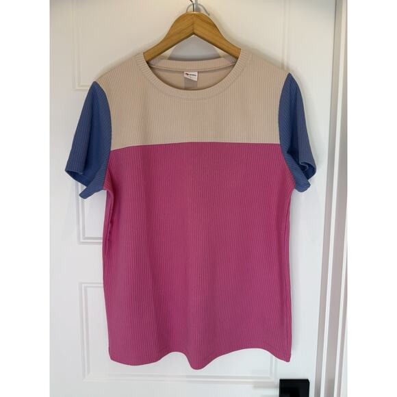 Wimoll Ribbed Colorblock Short Sleeve Top Women’s L Beige Pink Blue Stretch Knit - Picture 1 of 8